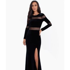 BETSY & ADAM Black Velvet Long-Sleeved Formal Gown With Illusion Detail